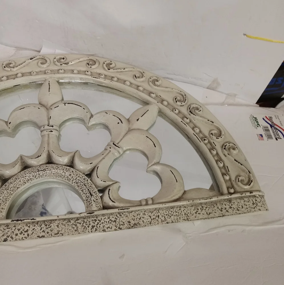 Half Moon Shape Mirror Window Distressed, Beige & Brown Metal Fleur-de-lis